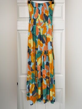 Abel the Label Strapless Sundress Smocked  Green Blue  Floral Maxi Dress Small